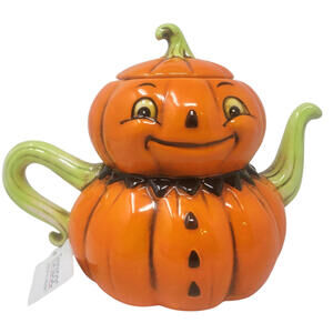 New JOHANNA PARKER DESIGN Halloween Jack-O-Lantern Pumpkin Teapot w/Box & Tags
